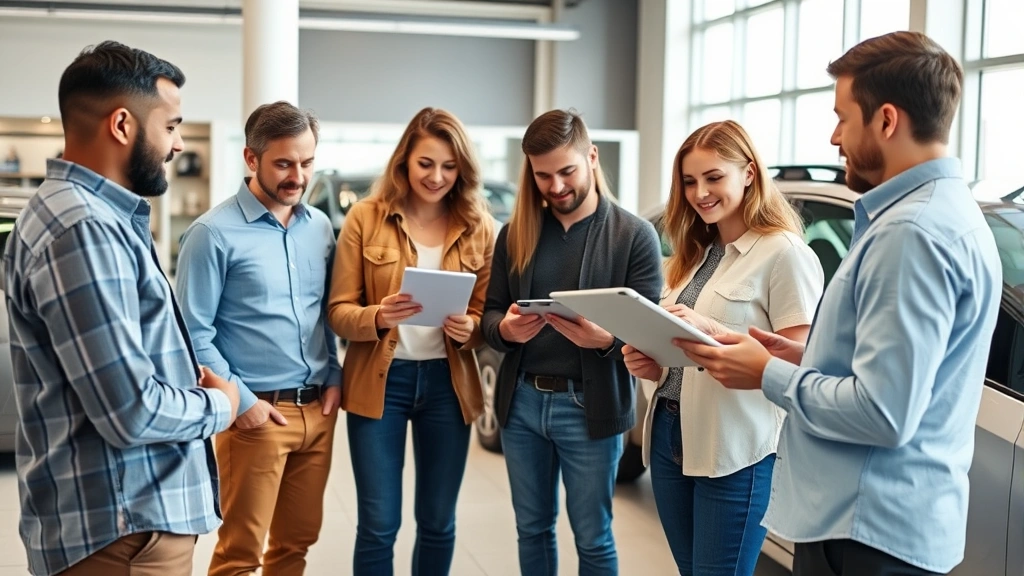 Diverse group of customers examining vehicle specifications on digital tablet while standing beside Prius in bright showroom environment with sales consultant nearby