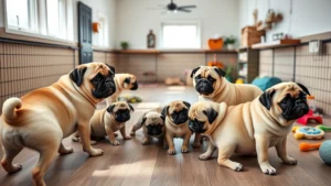 Professional pug breeder facility interior with clean play area, healthy adult pugs interacting with puppies, natural lighting, modern climate-controlled environment, wooden flooring, toys and enrichment items visible