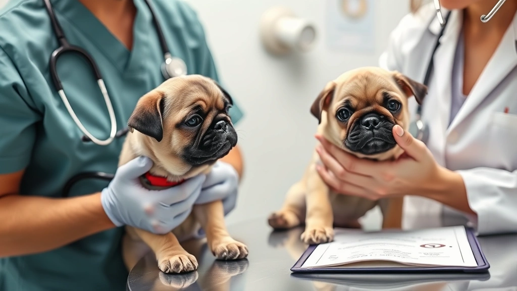 Veterinary health screening session showing veterinarian examining a healthy pug puppy, stethoscope visible, clean clinical setting, health certificate documents on desk, professional medical environment