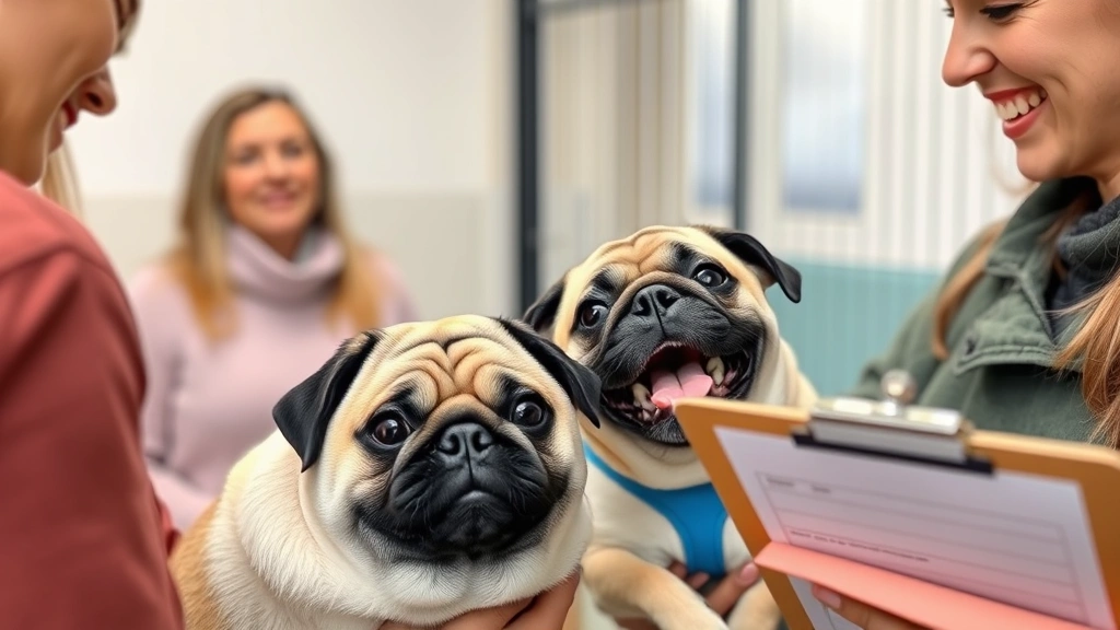 Happy pug adoption moment showing new owner meeting their adopted pug at shelter, smiling people with rescue dog, adoption paperwork visible on clipboard, warm emotional moment capturing human-animal bond