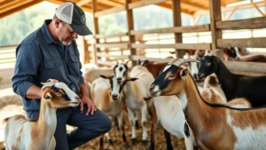 Professional livestock breeder examining healthy pygmy goats in well-maintained farm facility with wooden fencing and pasture, daylight, clean animals showing good body condition