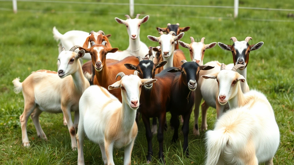 Diverse group of pygmy goats of various ages grazing together in green pasture with white fencing, showing proper herd management and animal health in natural setting