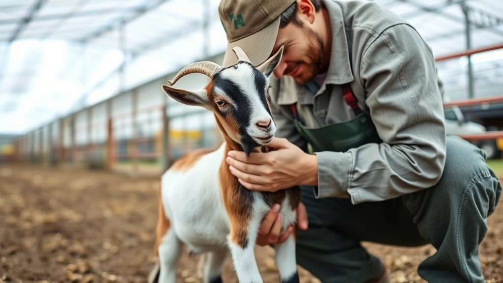 Farmer conducting veterinary health examination of pygmy goat, checking hooves and body condition, professional agricultural setting with modern farm infrastructure visible in background