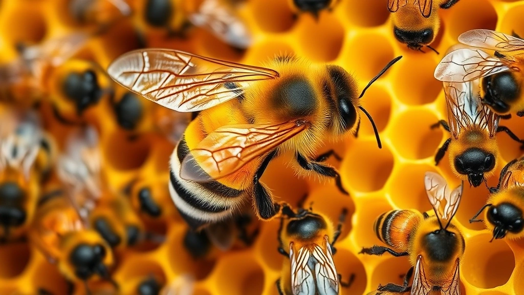 Close-up of a marked honey bee queen surrounded by worker bees on honeycomb frame, vibrant yellow and black coloring, natural apiary lighting, photorealistic, no text or labels