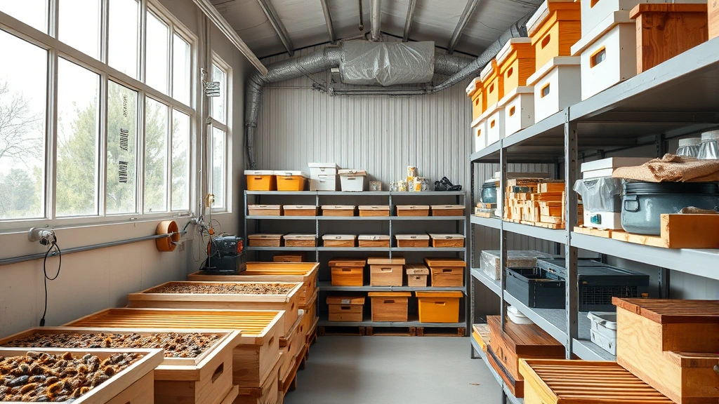 Interior view of modern queen bee breeding facility with multiple hive boxes and beekeeping equipment organized on shelves, professional beekeeping environment, bright natural light, photorealistic