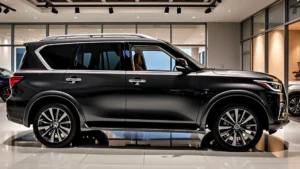 Luxury QX80 SUV parked in modern showroom with professional lighting, pristine condition, premium interior visible through windows, contemporary dealership setting