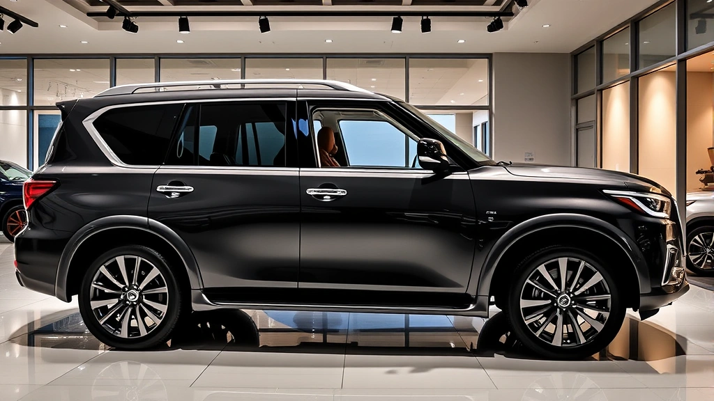 Luxury QX80 SUV parked in modern showroom with professional lighting, pristine condition, premium interior visible through windows, contemporary dealership setting