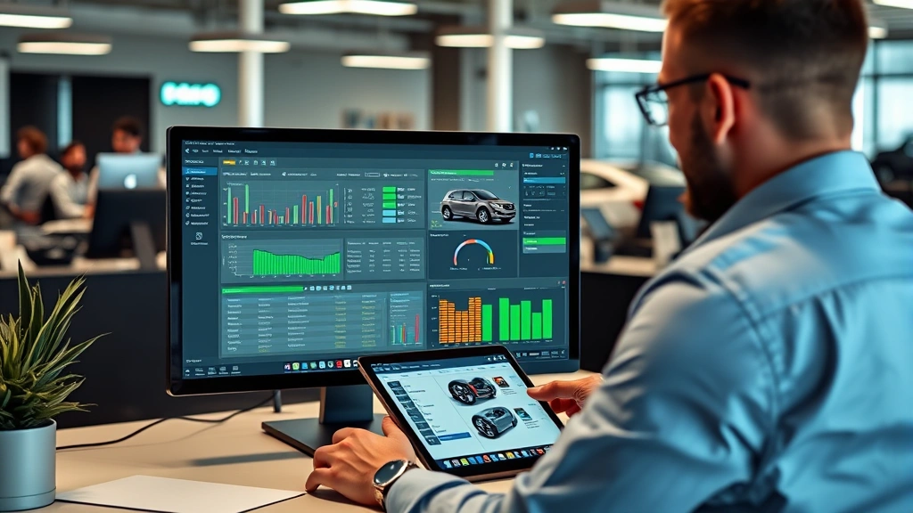 Dealership manager reviewing inventory management software on computer screen with automotive data visualizations, professional office environment, tablet showing vehicle specifications nearby