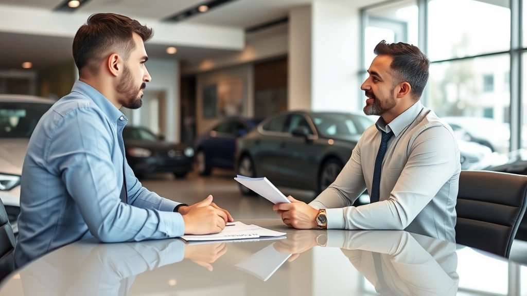 Professional salesperson conducting consultative meeting with luxury vehicle buyer in modern dealership office, discussing financing options and vehicle features, trust-building conversation