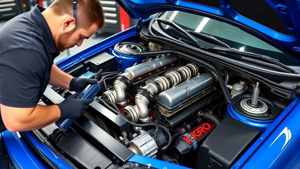 Professional automotive technician performing detailed mechanical inspection on a blue Nissan Skyline GT-R R34 engine bay, using diagnostic tools and wearing work gloves, bright workshop lighting showing turbochargers and engine components clearly