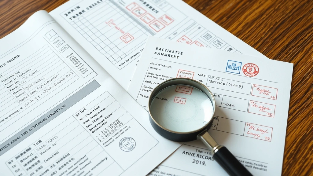 Close-up of Japanese service record documentation and maintenance booklets spread on a wooden surface next to a magnifying glass, showing detailed handwritten maintenance notes and stamps from authorized dealers, professional business setting