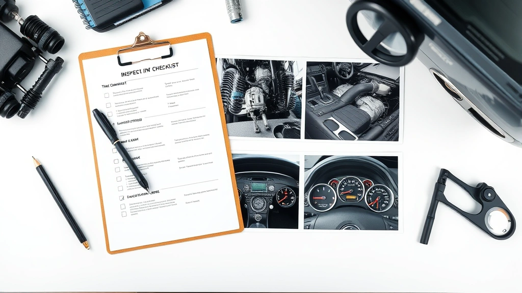 Overhead view of a complete vehicle inspection checklist with clipboard, pen, and inspection photos of car suspension components, dashboard gauges, and engine bay laid out systematically on a clean desk surface