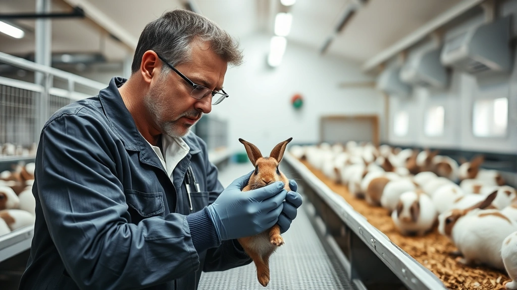 Professional rabbit breeder examining a healthy rabbit in a clean, well-lit breeding facility with proper ventilation systems visible in background, showing meticulous animal care practices