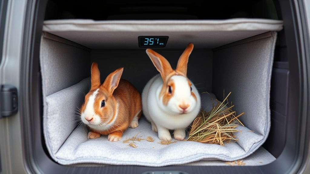Specialized insulated pet shipping container with temperature monitoring device, packed with appropriate bedding and hay, representing safe rabbit transportation logistics