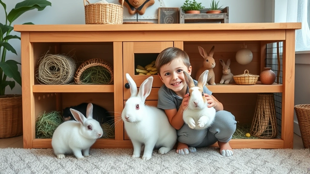 Happy family in a home setting with a comfortable rabbit hutch setup, showing proper housing with hiding spaces, hay feeders, and enrichment items for rabbit wellness