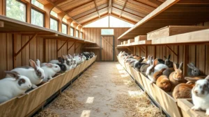 Photorealistic image of a professional rabbit breeder's facility showing clean hutches with healthy rabbits of various breeds in natural light, demonstrating proper breeding conditions and animal care standards