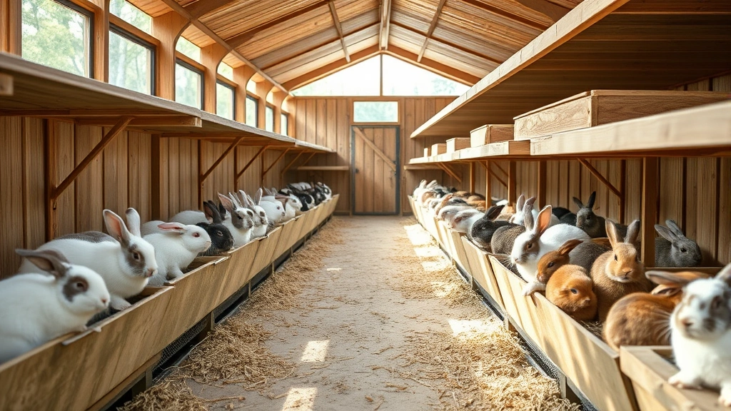 Photorealistic image of a professional rabbit breeder's facility showing clean hutches with healthy rabbits of various breeds in natural light, demonstrating proper breeding conditions and animal care standards