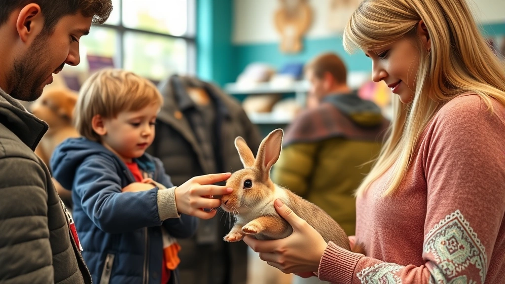 Photorealistic image of a family examining a young rabbit at a local pet store or adoption event, showing the evaluation and selection process with focus on the rabbit's health and the buyer's careful assessment