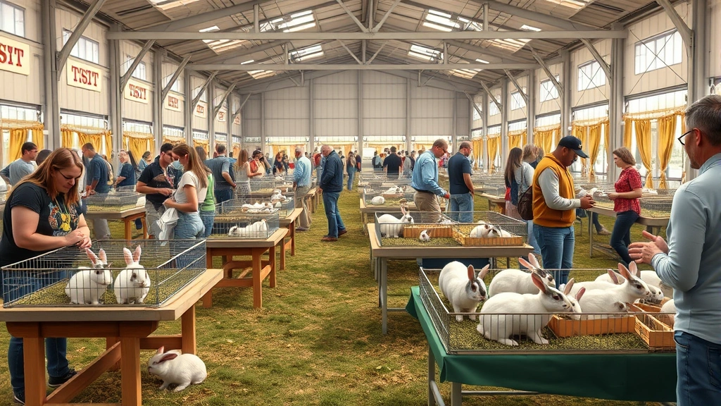 Photorealistic image of an agricultural fair or rabbit show with multiple breeders' display tables, showing rabbits in show cages and people networking and discussing animals, representing community-based sourcing