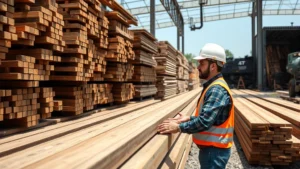Professional contractor examining stacked railroad ties in outdoor lumber yard, natural daylight, wooden materials arranged neatly, industrial setting with clear visibility of product quality