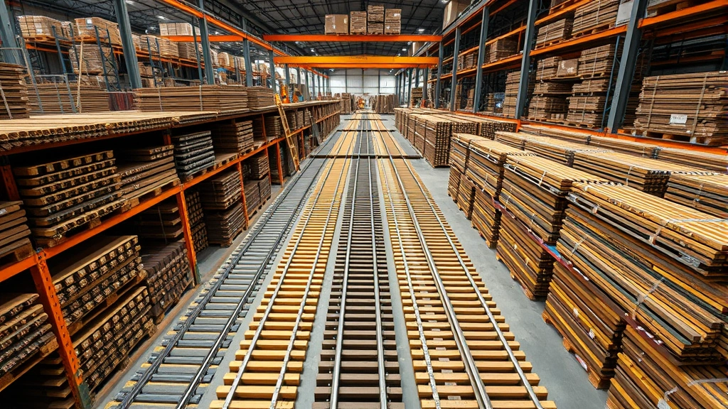 Wide overhead view of organized railroad tie inventory at distribution center, multiple rows of treated wooden crossties, warehouse environment with professional organization