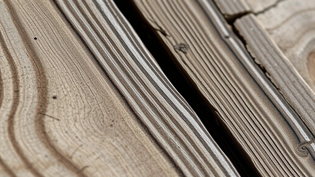 Close-up detail of railroad tie wood grain and treatment surface, showing quality assessment perspective, weathered timber texture, construction material focus