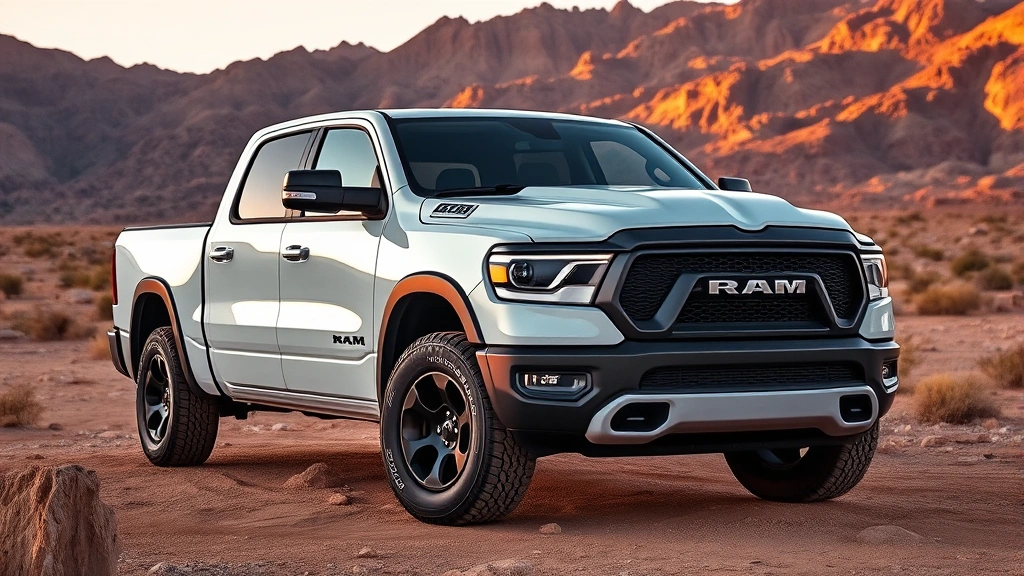 Professional photograph of a white 2023 Ram 1500 Rebel truck parked on rocky desert terrain with mountains in background, showing aggressive front grille design and all-terrain tires, golden hour lighting, clean commercial photography style