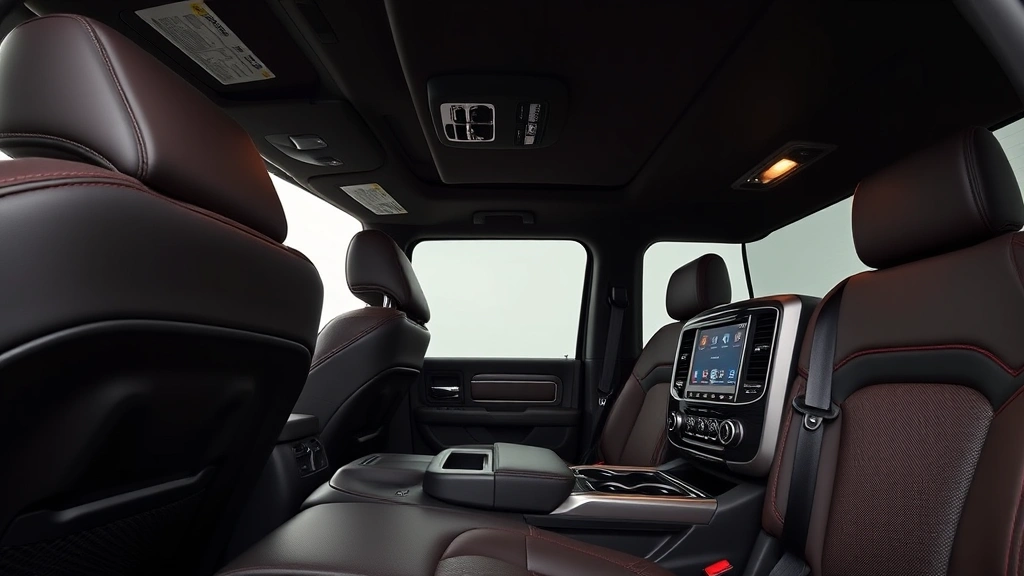 Close-up interior shot of Ram Rebel cabin displaying premium leather seats, modern 12-inch touchscreen infotainment system, dual-zone climate controls, and ambient lighting, professional automotive photography with neutral background