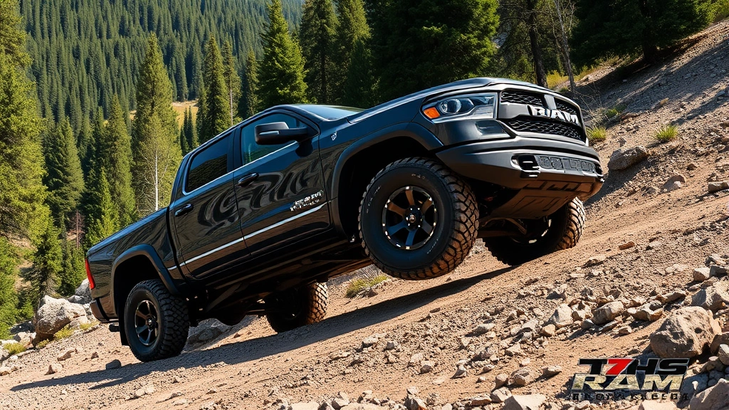 Side profile of Ram Rebel truck on rugged mountain trail with forest backdrop, showcasing suspension geometry and ground clearance, action-oriented but professional commercial photography style, natural daylight