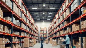 Professional e-commerce warehouse interior with organized shelves, inventory management systems, and workers packing orders for shipment