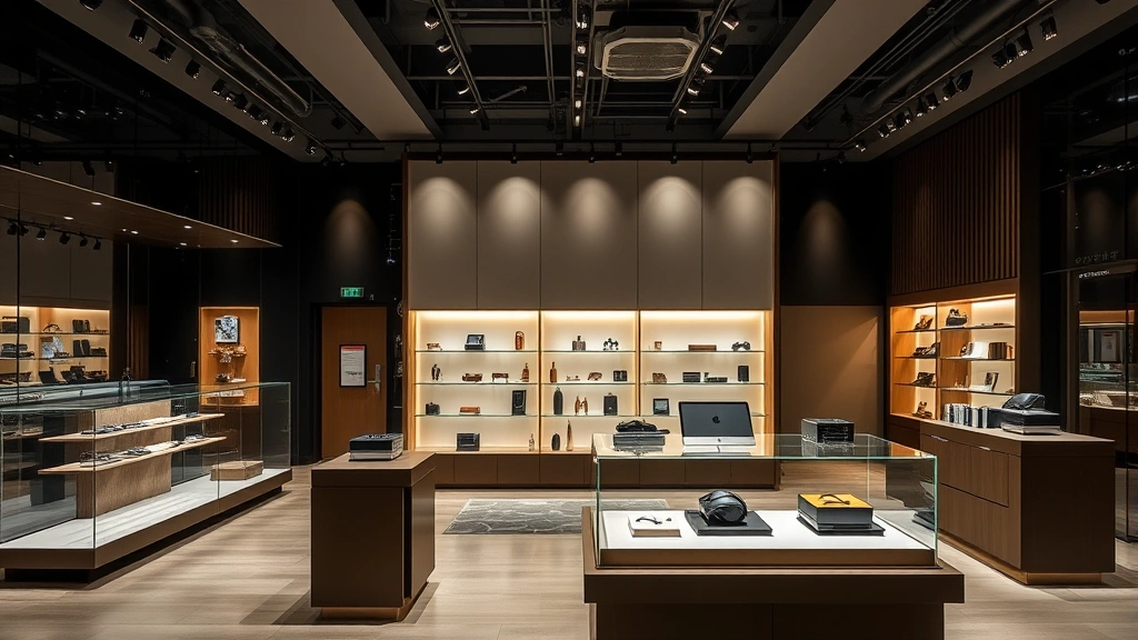 Modern retail showroom displaying premium products on elegant display stands with professional lighting and contemporary store design