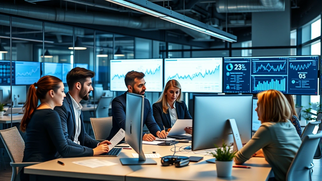 Diverse business professionals in contemporary office space reviewing documents and digital analytics on multiple computer screens
