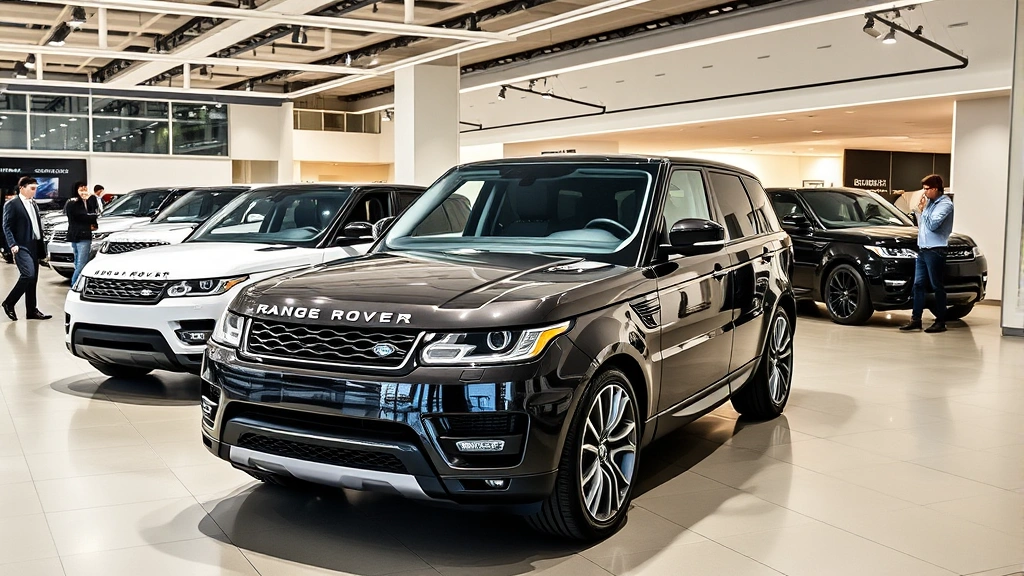 Luxury car dealership showroom with multiple Range Rover Sport vehicles displayed, professional lighting, modern interior design, customers walking through exhibition space, premium automotive retail environment