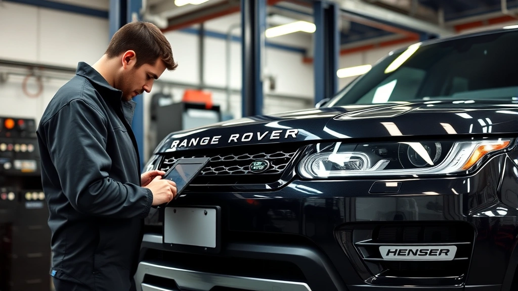 Professional automotive mechanic performing detailed inspection on Range Rover Sport vehicle, diagnostic equipment visible, well-lit service bay, comprehensive quality assurance process, precision maintenance work