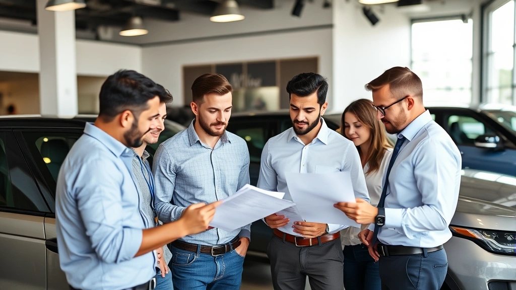 Diverse group of automotive buyers examining Range Rover Sport specifications in dealership, consulting with sales professional, reviewing documentation, collaborative purchasing decision-making process, modern dealership interior