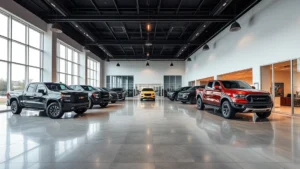 Professional automotive dealership showroom with modern lighting displaying high-performance pickup trucks in premium setting, polished concrete floors, contemporary design