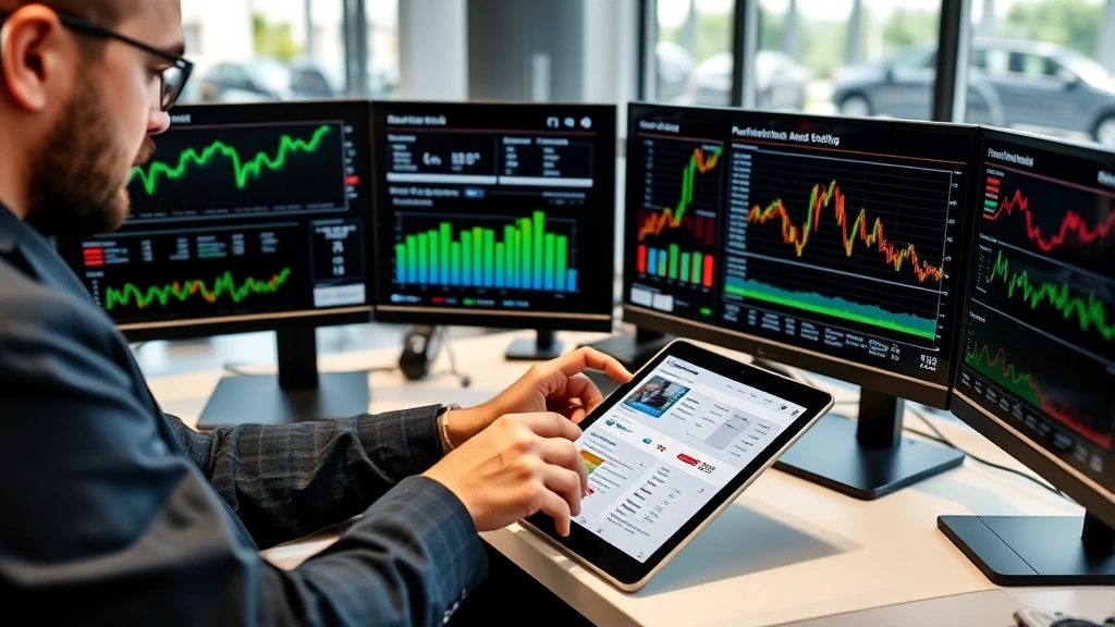 Business professional reviewing vehicle specifications on tablet computer at desk with multiple monitors showing automotive market data charts and inventory management systems