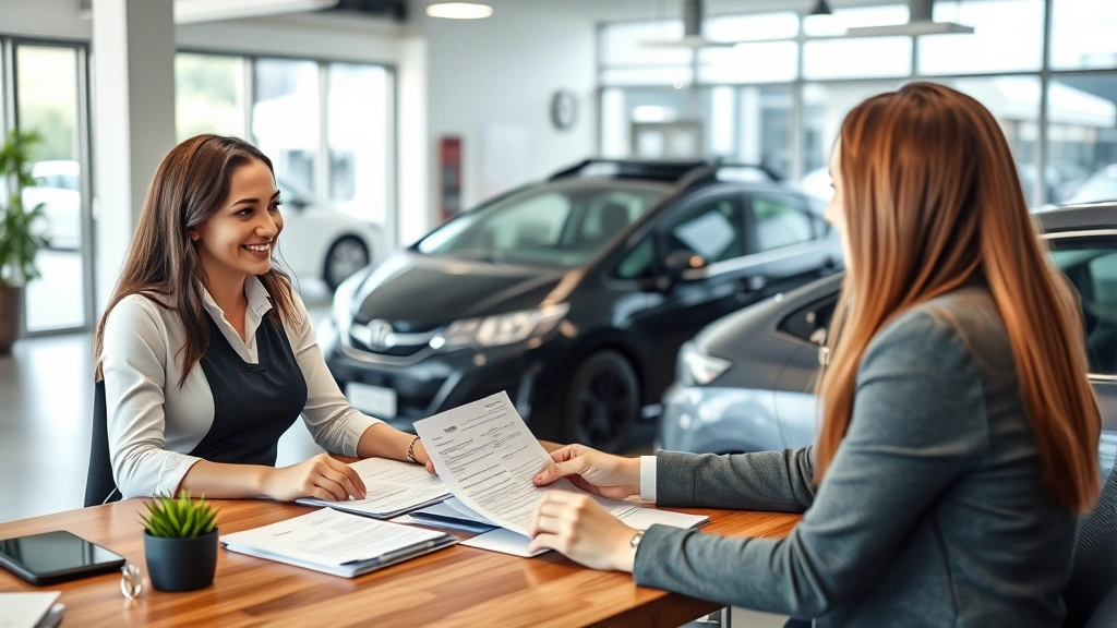 Customer service representative assisting buyer at dealership desk with paperwork and financing documents, professional office environment with automotive backdrop