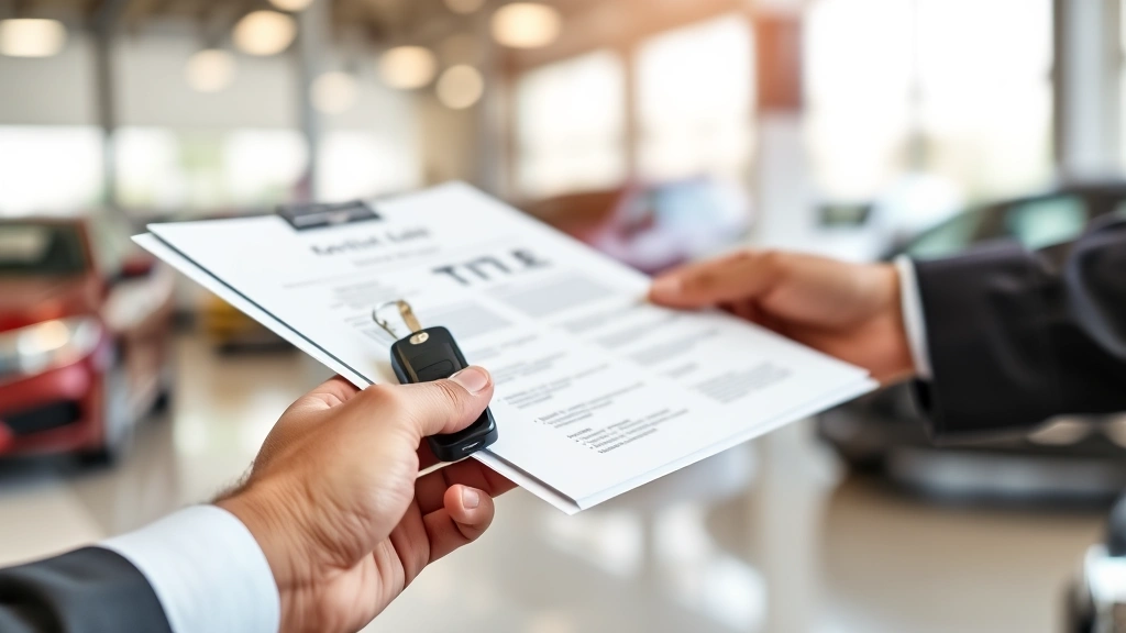 Close-up of hands holding vehicle keys and official title documents during car sale handoff in professional automotive setting, with blurred dealership background