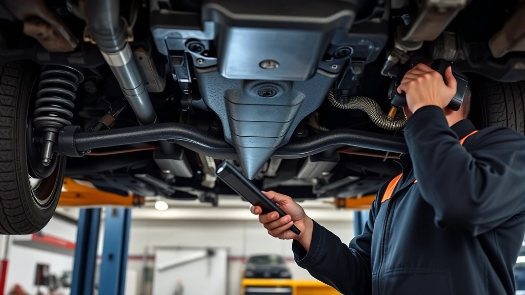 Professional mechanic inspecting vehicle undercarriage during pre-purchase inspection, using diagnostic tools and flashlight to examine suspension and brake components in automotive service facility