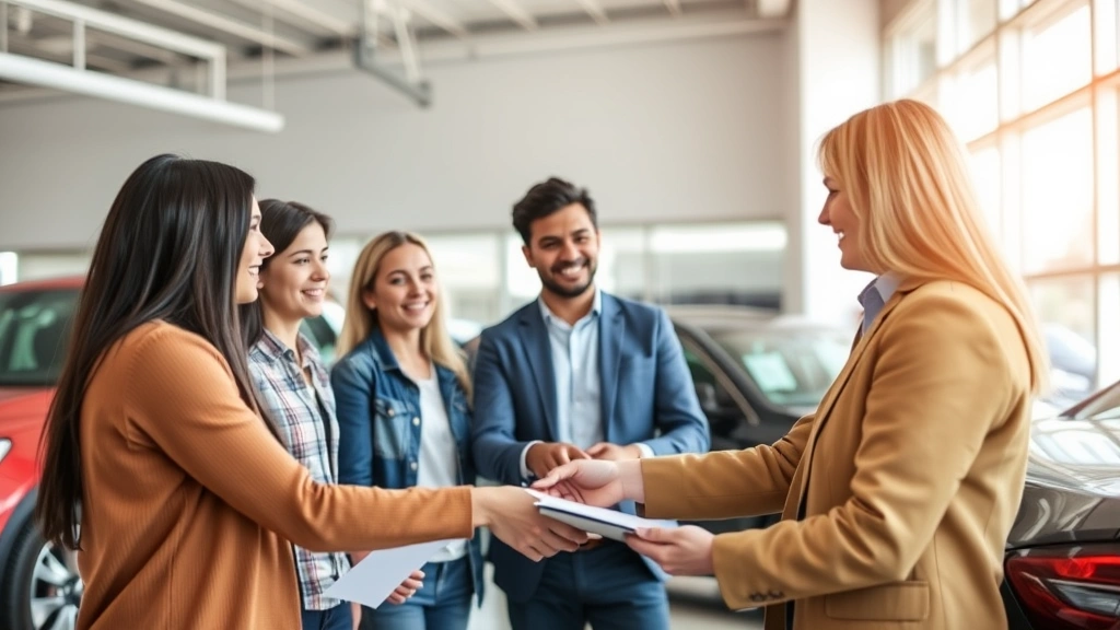 Diverse group of customers reviewing vehicle documents and shaking hands with dealership sales representative in modern showroom setting, completing vehicle purchase transaction