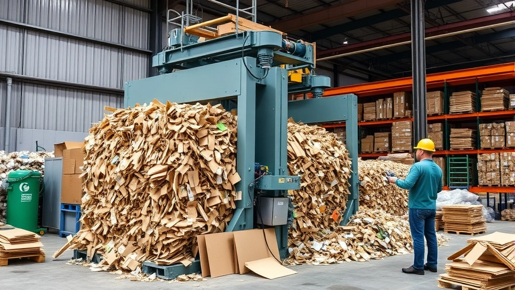 Industrial recycling facility with large hydraulic baling equipment compressing cardboard and mixed materials, worker operating controls, warehouse setting with sorted recyclable materials