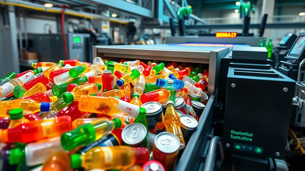 Advanced optical sorting system processing mixed recyclables on conveyor belt, colorful plastic bottles and aluminum cans under infrared sensors, modern facility