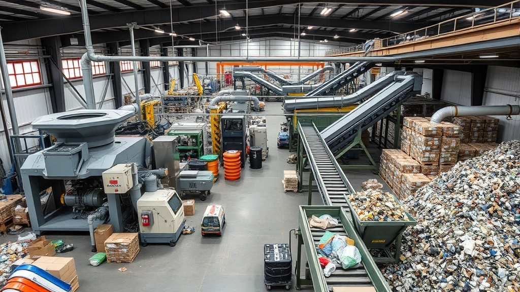 Complete recycling operation showing multiple equipment stations: shredder processing materials, conveyor system transporting goods, organized material storage areas, professional industrial environment