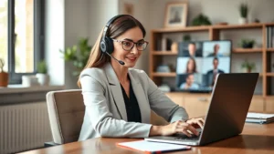 Professional woman in modern home office during video conference call with laptop, headset, and notepad, natural lighting from window, focused expression