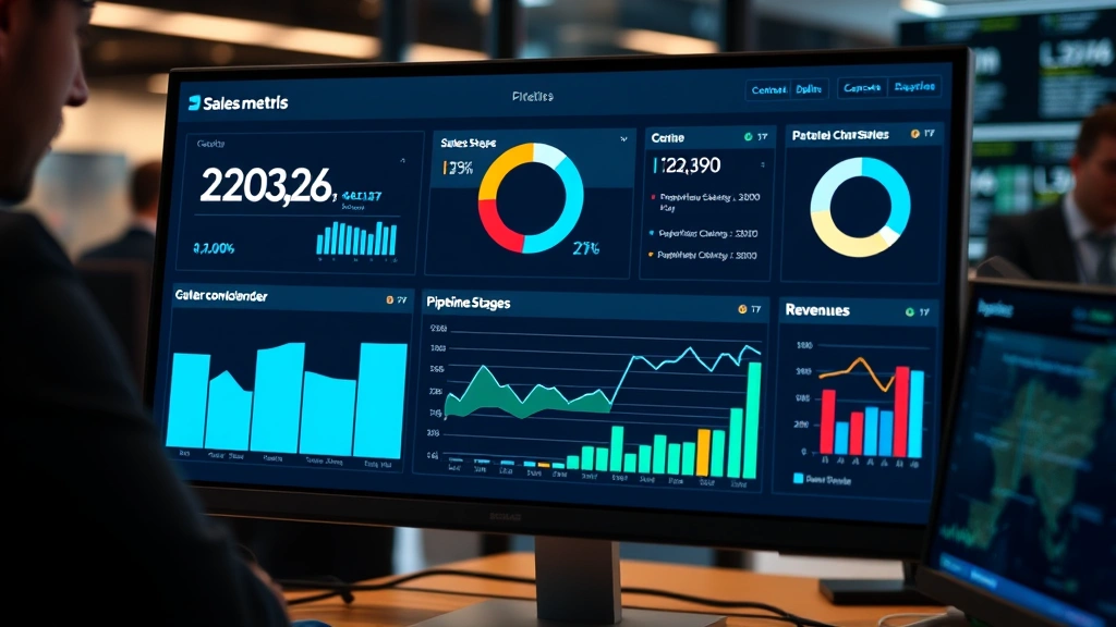 Digital dashboard showing sales metrics, pipeline stages, and revenue charts on computer monitor in business environment, charts and graphs visible