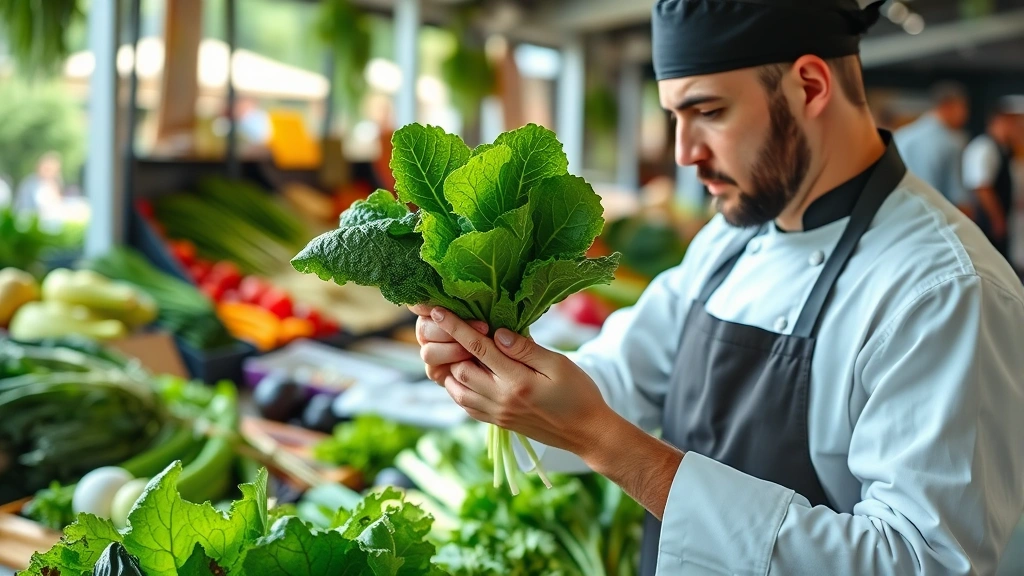 Professional chef carefully examining fresh organic salad greens and vegetables at a farmer's market, holding leafy greens up to light, natural outdoor setting with produce displays in background