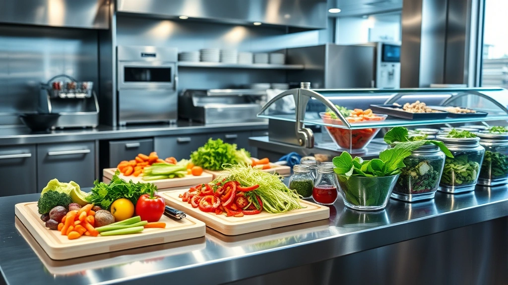Modern restaurant kitchen with stainless steel prep station, fresh colorful vegetables arranged on cutting boards, chilled salad ingredients in glass containers, professional lighting highlighting ingredient freshness