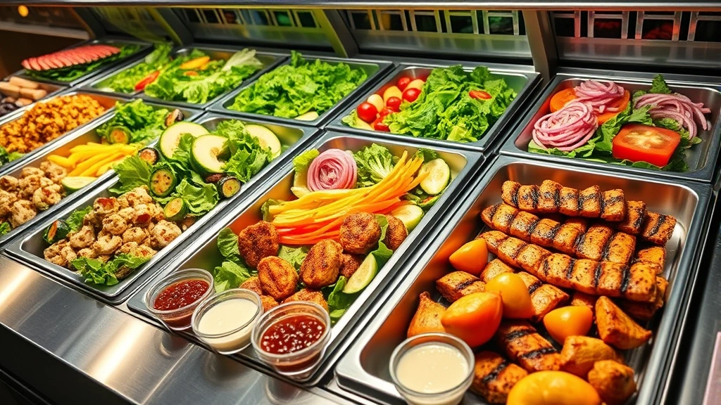 Upscale salad bar display with multiple refrigerated sections containing diverse fresh ingredients, grilled proteins, homemade dressings in glass containers, professional presentation with subtle ambient lighting