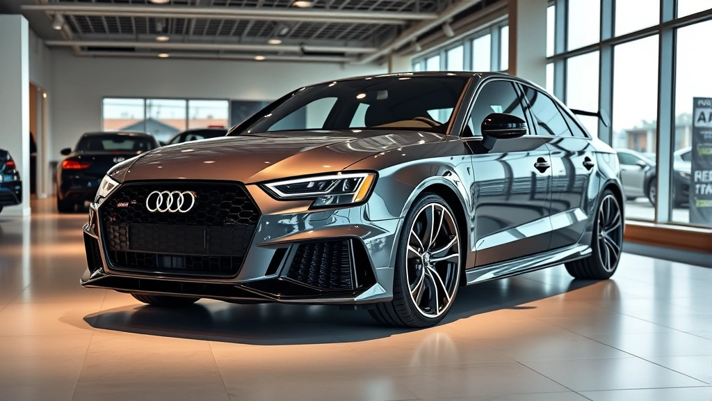 Professional Audi RS3 performance sedan parked in modern dealership showroom with floor lighting and luxury automotive environment, clean studio-quality photography